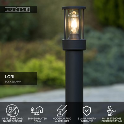 Lucide LORI - Sokkellamp - 1xE27 - IP44 - Dag/nacht sensor - Antraciet